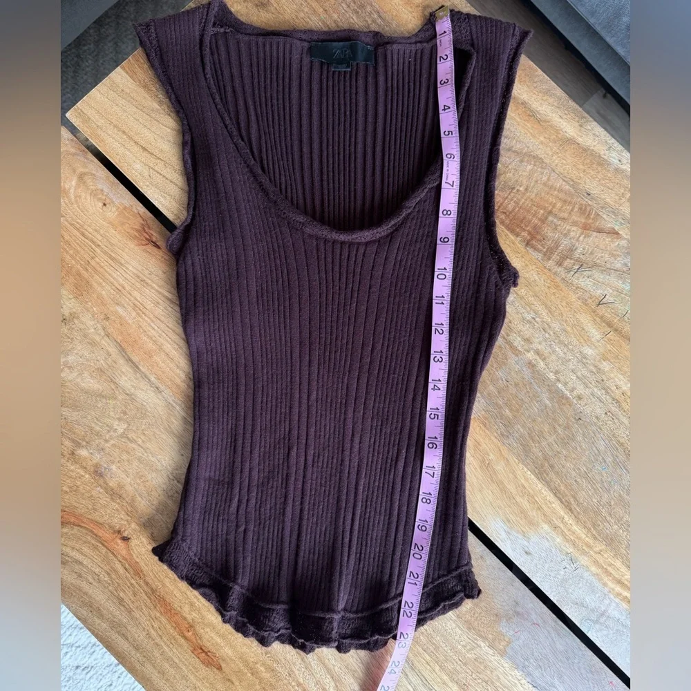 Zara Ribbed Knit Top Chocolate Brown Fitted Minimal Chic, L